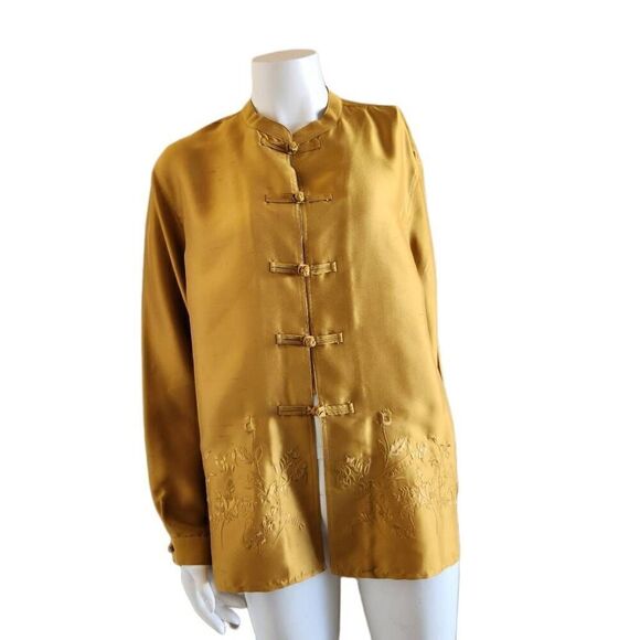 Chico's Design mandarin collar 90's golden yellow liquid silky too tunic 100% si - Picture 1 of 5